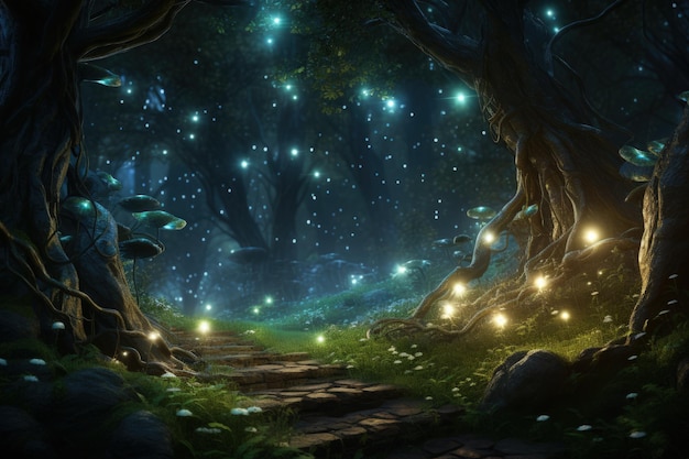 Enchanted Forest with Glowing Fireflies Generative AI