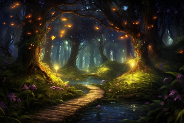 Enchanted Forest with Glowing Fireflies Generative AI