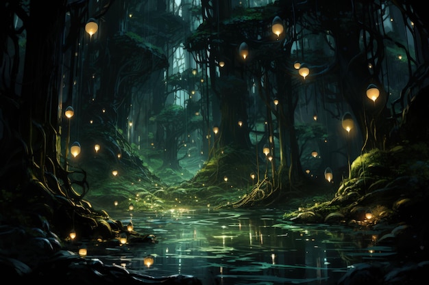 Enchanted Forest with Glowing Fireflies Generative AI