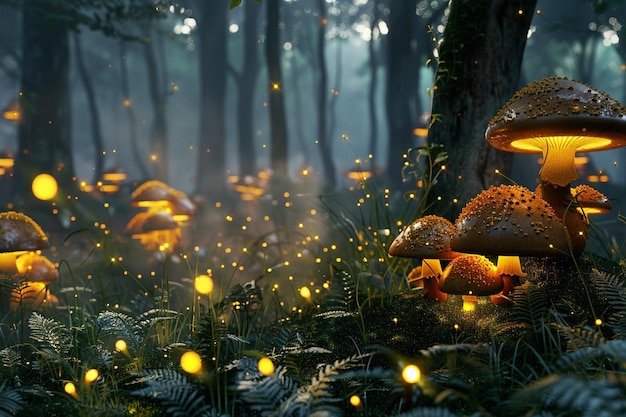 Enchanted forest with glowing mushrooms and firefl