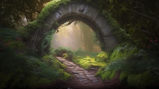 Enchanted forest with illuminated archway Spectacular fantasy scene with a portal archway covered