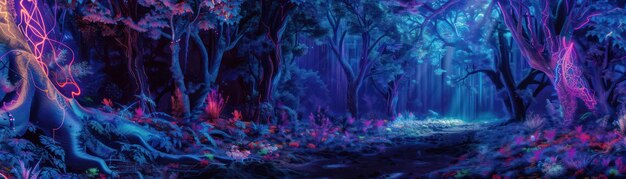 Foto foresta incantata con flora bioluminescente magica e alberi scintillanti sfondamento per processi tecnologici presentazioni scientifiche istruzione ecc.