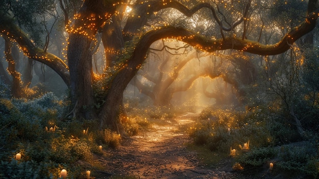 Зачарованный лес с волшебными существами Блестящий