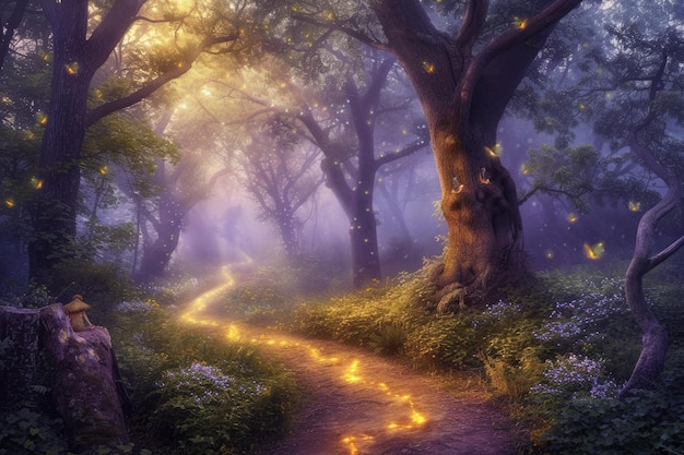 An enchanted forest with magical creatures resplendent