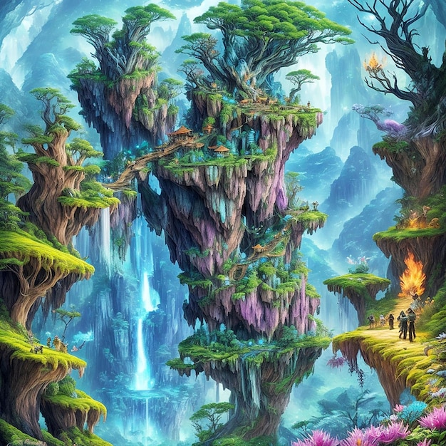 An enchanted forest with magical creatures and vivid flora highly detailed illustration of the Hall