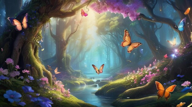 たくさんの木がある魔法の森、花、色とりどりの蝶、妖精、飛んで輝く神秘