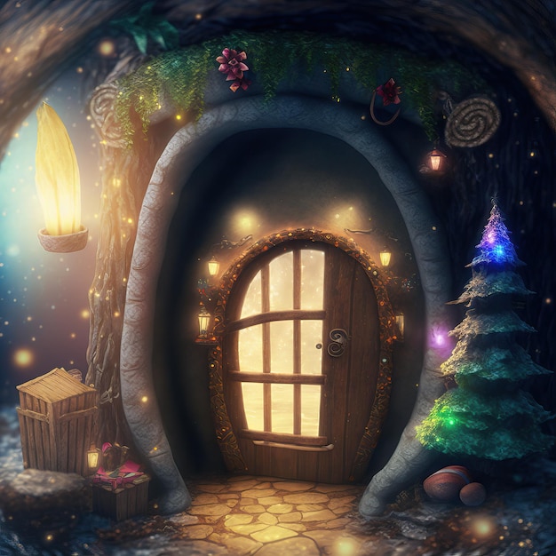 An enchanted forest with Santa39s house beautifully decorated for Christmas