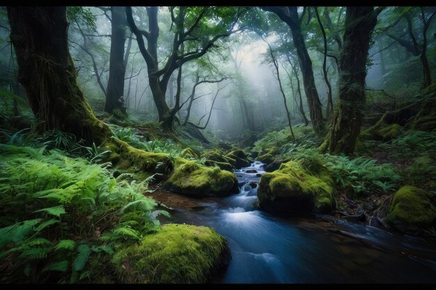 Photo enchanted forest with sunbeams and waterfall