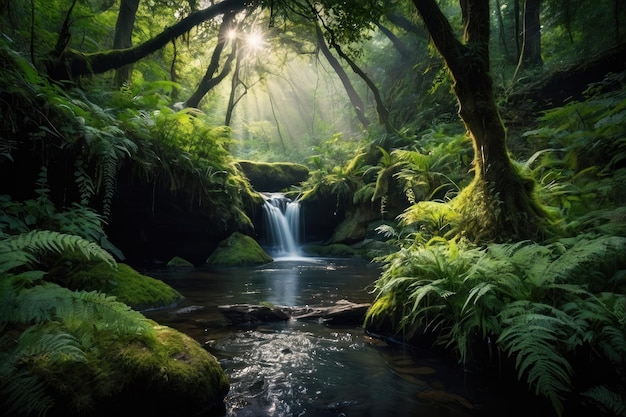 Enchanted forest with sunbeams and waterfall