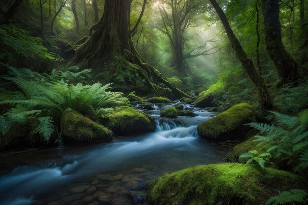 Enchanted forest with sunbeams and waterfall