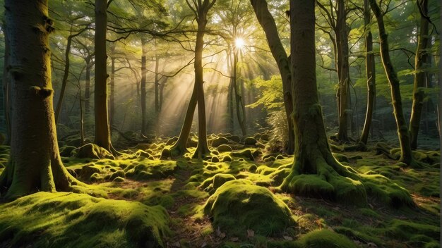 Enchanted forest with sunlight streaming