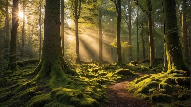 Enchanted forest with sunlight streaming