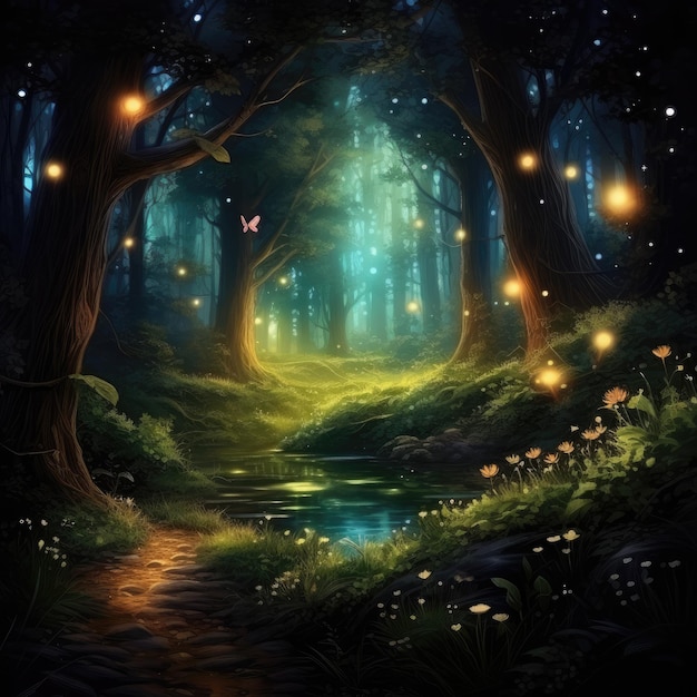 Enchanted forest with talking animals and glowing fireflies