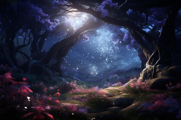 Enchanted forest with trees that bloom with cosmic 00257 00