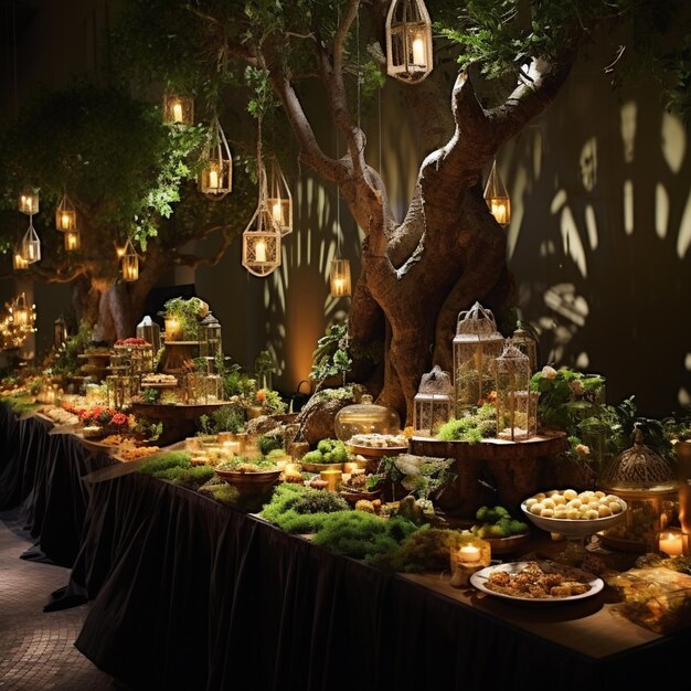 Photo enchanted forestthemed reception buffet