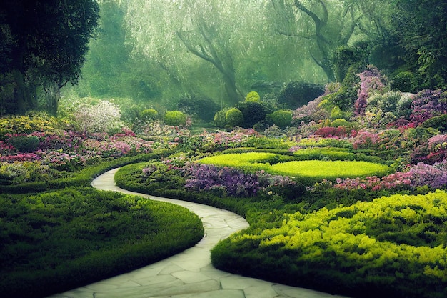 Photo enchanted garden background. digital illustration