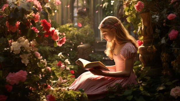 Enchanted garden female reader with book Beautiful illustration picture Generative AI