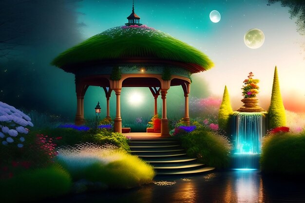 Enchanted garden a gazebo overgrown with flowers a waterfall and a night sky with a moon