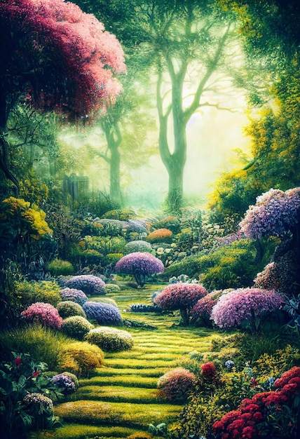 Enchanted garden with beautiful flowers