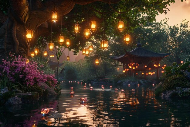 Enchanted garden with floating lanterns octane ren