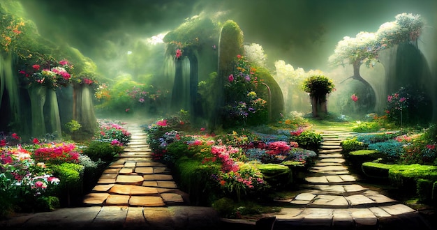 Enchanted garden with two paths to good and evil. fairy tale\
landscape, elves.