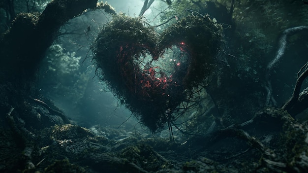 Enchanted glowing heartshaped tree with flowers in a mystical forest floating red hearts and ethereal fog