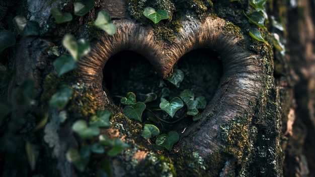 Enchanted glowing heartshaped tree with flowers in a mystical forest floating red hearts and ethereal fog