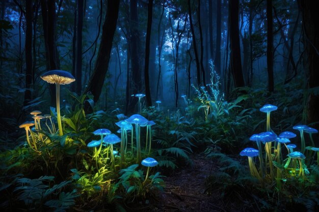 Enchanted glowing mushrooms in a mystical forest