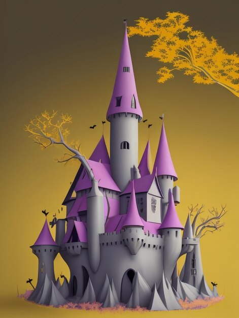 Зачарованный Хэллоуинский замок ведьмы в мультяшном стиле в жуткой атмосфере