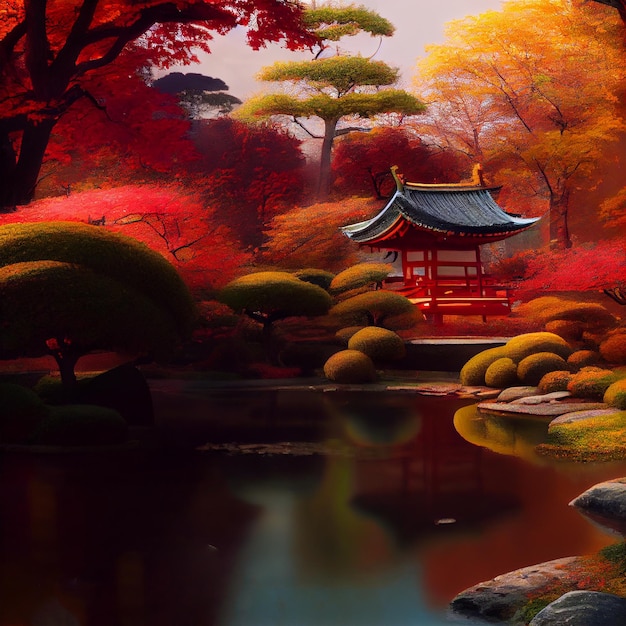 Enchanted japanese garden autumn background wallpaper painting\
wall art