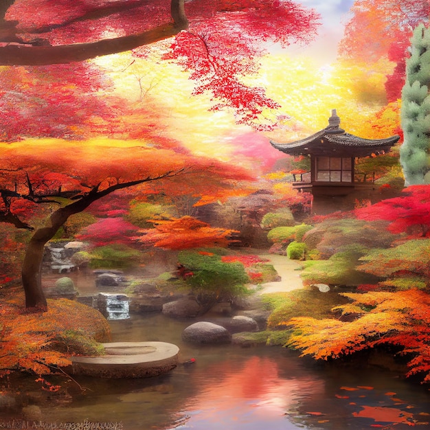 Enchanted japanese garden autumn background wallpaper painting\
wall art