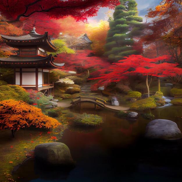 Enchanted japanese garden autumn background wallpaper painting
wall art