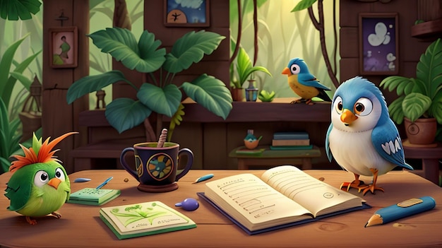 Enchanted Jungle Chronicles A Cozy Dreamy Journey from Above with books and cartoon