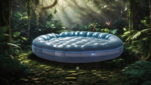 Photo enchanted jungle retreat a luxurious airbed amidst magical bioluminescent forest