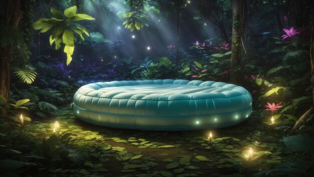 Photo enchanted jungle retreat a luxurious airbed amidst magical bioluminescent forest