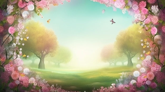 Enchanted Landscape Fantasy Garden Background with Copy Space