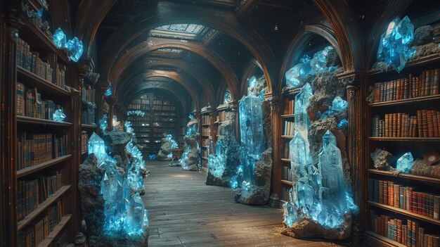 Фото Зачарованная библиотека, светящаяся голубыми огнями