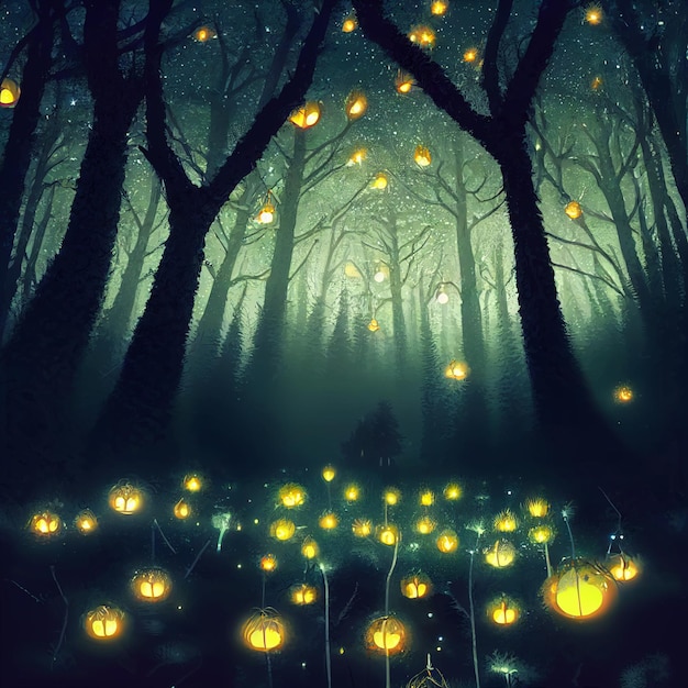 Enchanted magical forest with fireflies or lightning bug