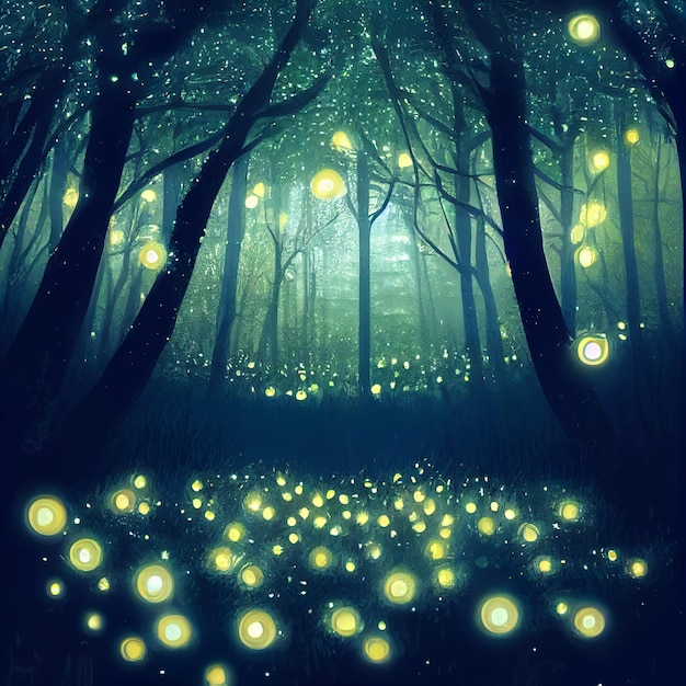 Foto foresta magica incantata con lucciole o fulmini