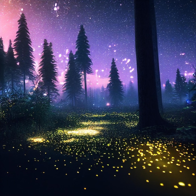 Enchanted magical forest with fireflies or lightning bug