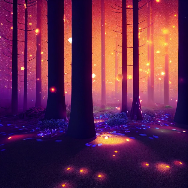 Заколдованный волшебный лес со светлячками или светлячками