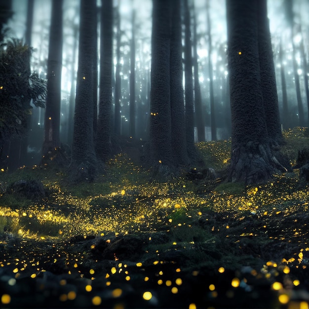 Enchanted magical forest with fireflies or lightning bug