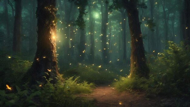 Enchanted magical forest with fireflies or lightning bug