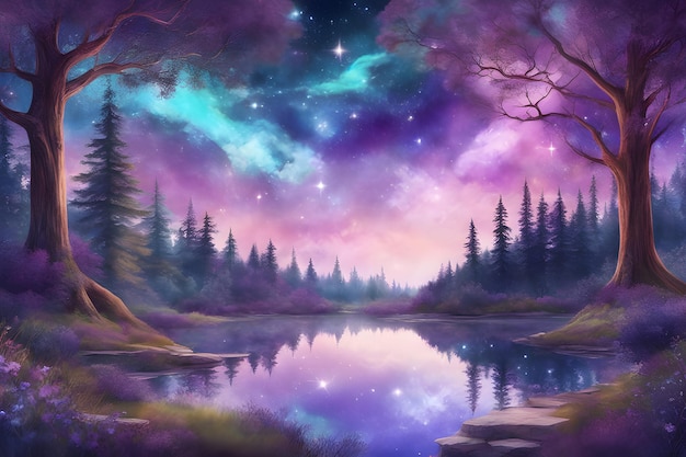 Photo enchanted magical night forest with cosmic sky and galaxy fantasy background