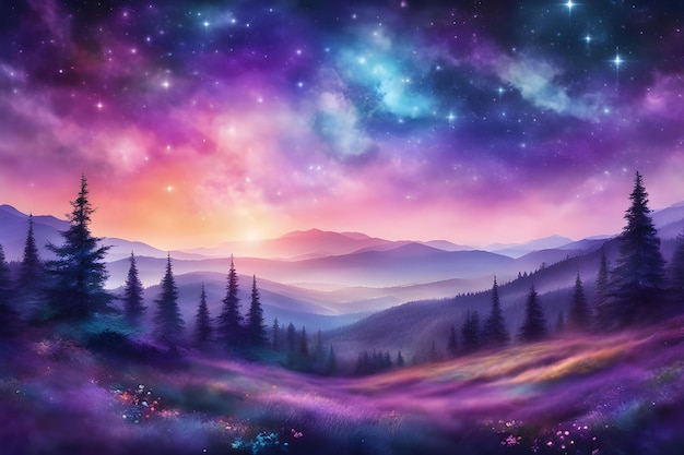 우주 하늘과 은하계 판타지 배경을 갖춘 마법의 마법의 밤 숲