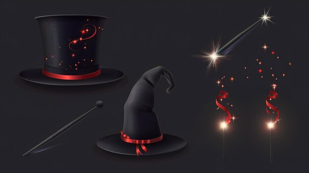 Фото Зачарованная шляпа волшебника и левитирующий трюк-стол на темном фоне
