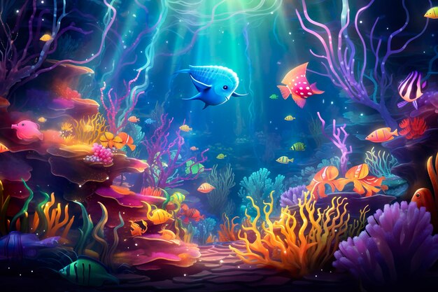 Enchanted marine landscape with colorful fish