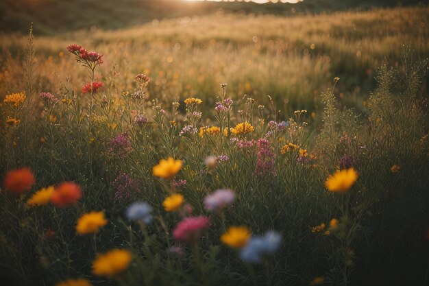 Foto prato incantato illuminato da colori e luce naturale