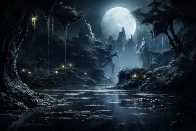 Photo enchanted moonlit waterfalls flowing with liquid silver and granting wishes