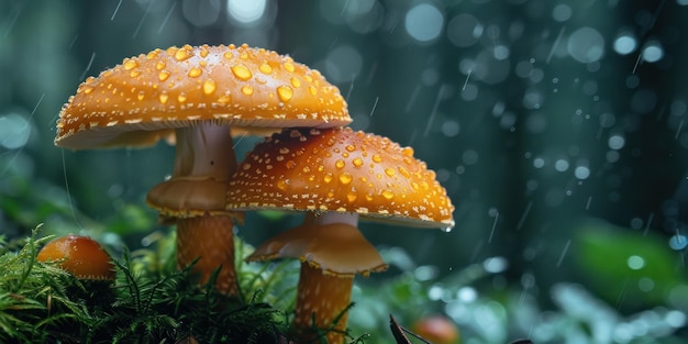 写真 茂った緑の草原で芽生える魔法のキノコ